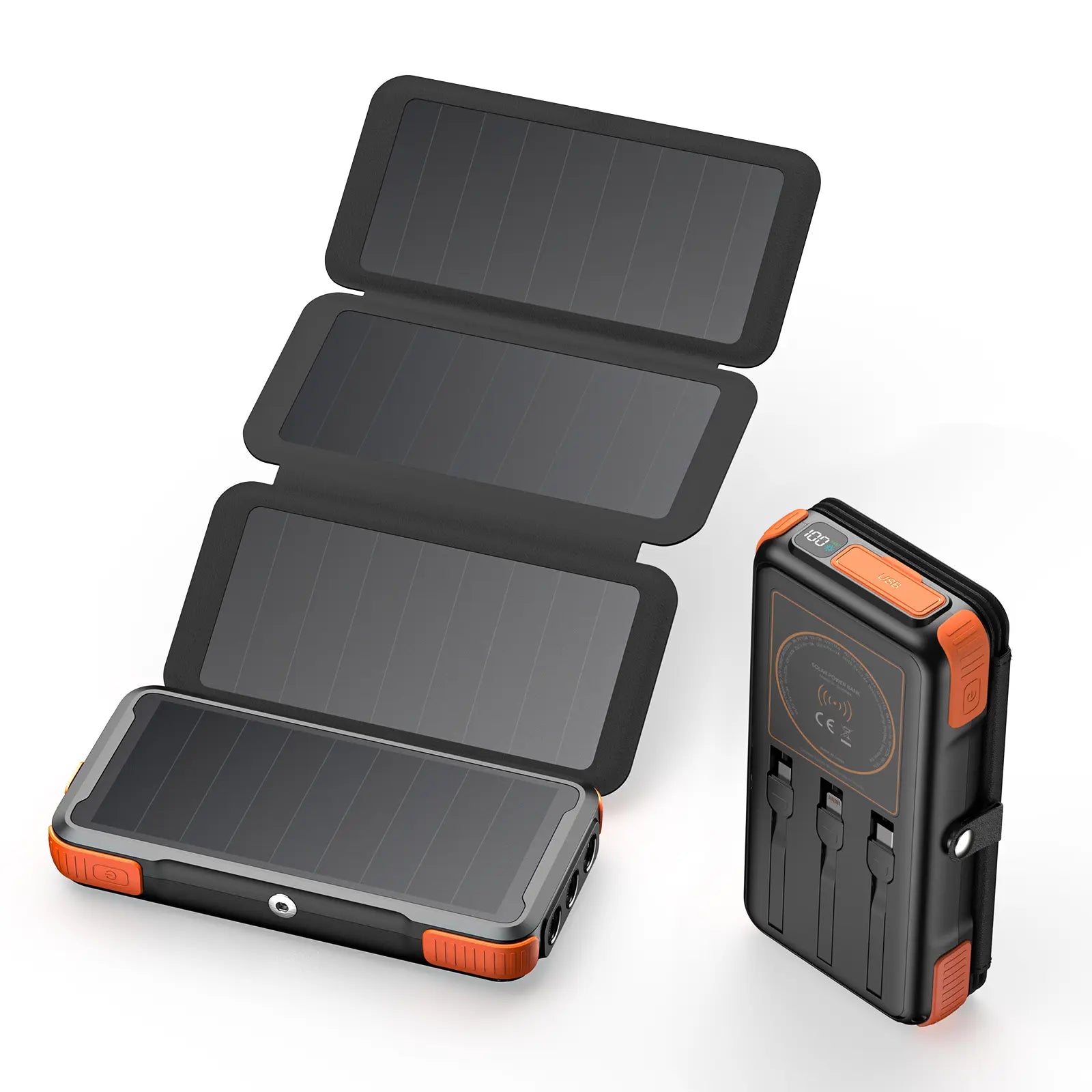 Solar Wireless Power Bank – 20W Fast Charging Portable Charger with Built-In Cables, 4 Solar Panels & Flashlight for Outdoor Camping & Travel