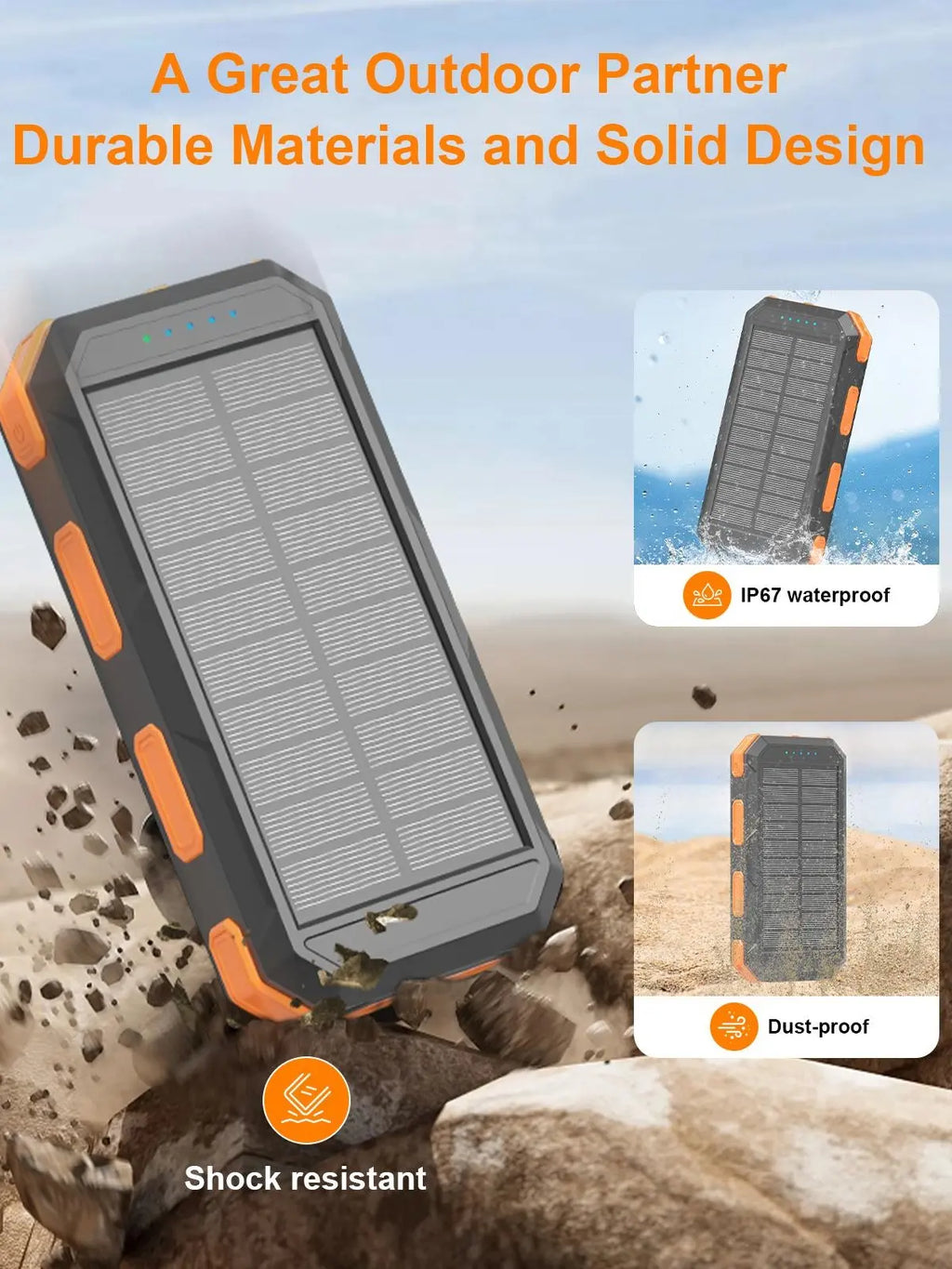 Solar Power Bank 20000–38800mAh – Portable Charger with 4 Built-In Cables, 3 Ports, USB-C Fast Charging & Dual Flashlight for Camping & Outdoor Use