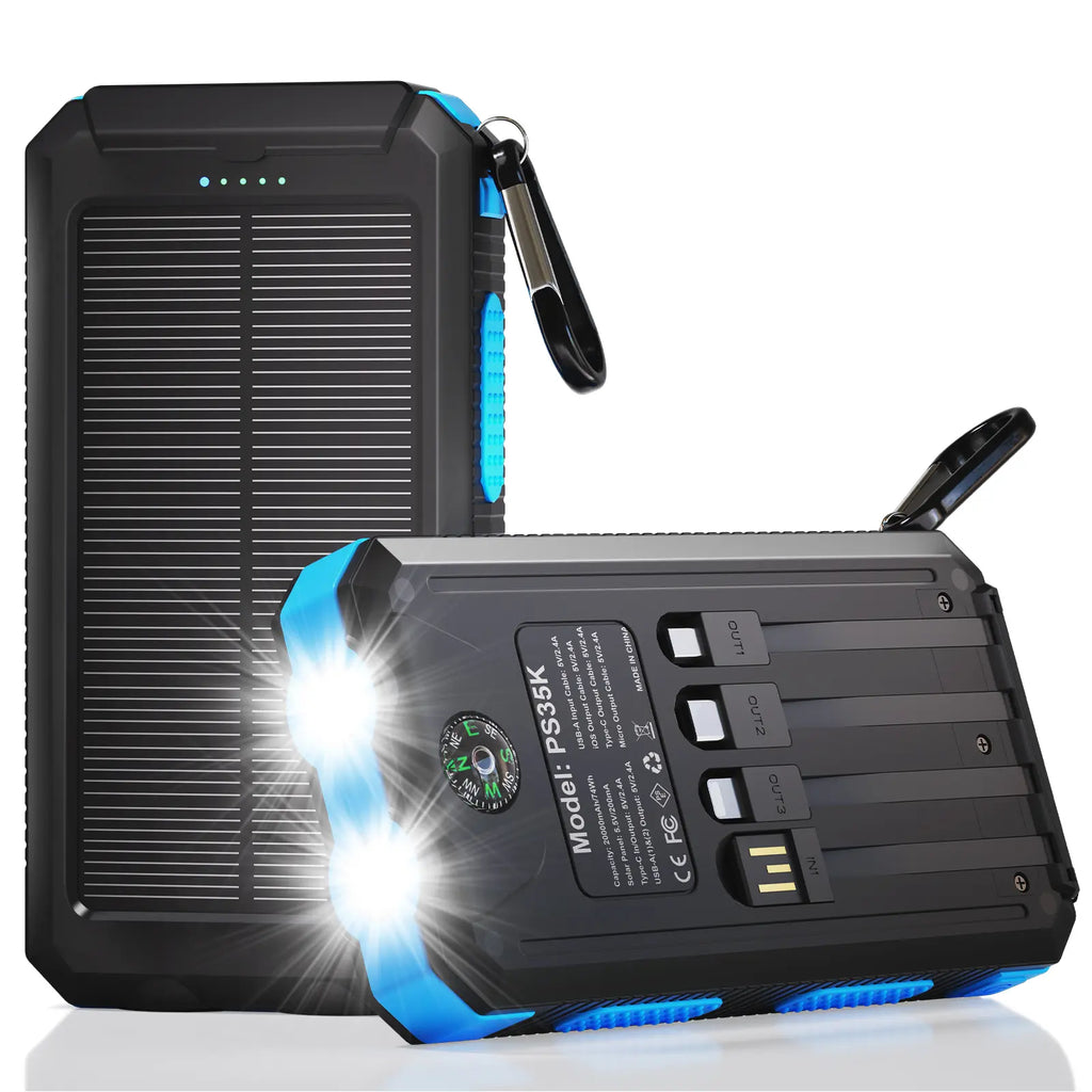 Solar Power Bank 20000–38800mAh – Portable Charger with 4 Built-In Cables, 3 Ports, USB-C Fast Charging & Dual Flashlight for Camping & Outdoor Use