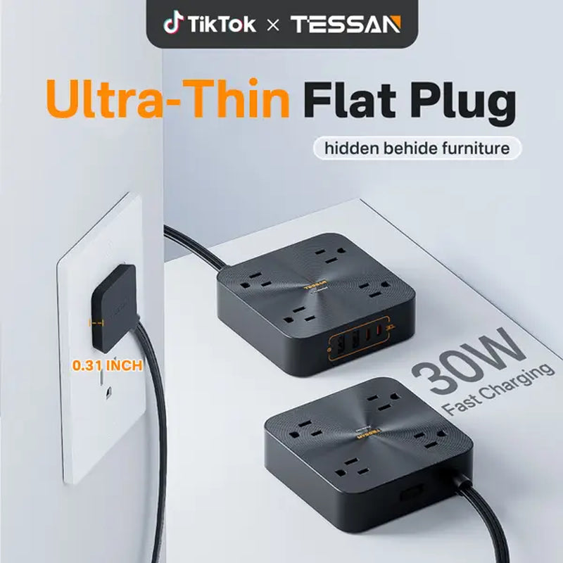 Flat Plug Surge Protector Power Strip – 30W Fast Charging, 4 Outlets & 4 USB-C, 5FT Extension Cord Wall-Mount Charging Station for Home, Office & Dorm