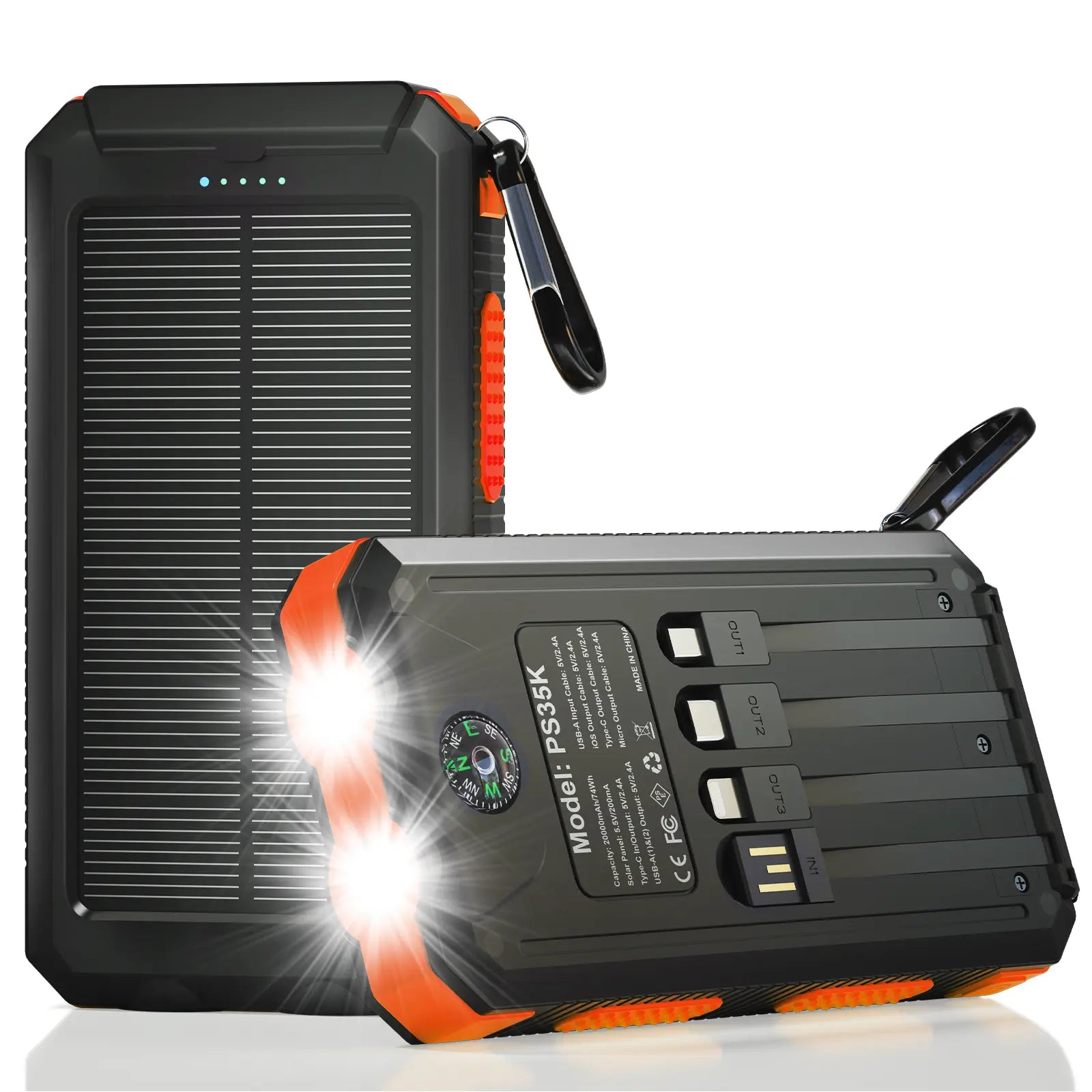 Solar Power Bank 20000–38800mAh – Portable Charger with 4 Built-In Cables, 3 Ports, USB-C Fast Charging & Dual Flashlight for Camping & Outdoor Use
