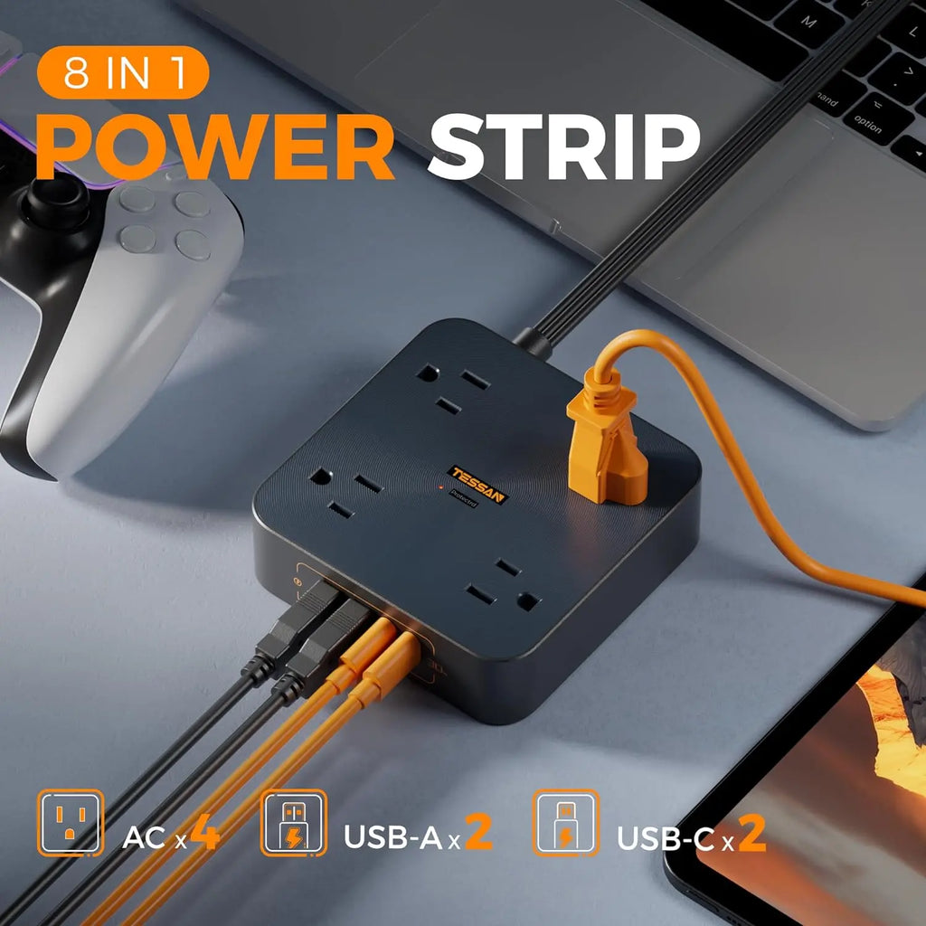 Flat Plug Surge Protector Power Strip – 30W Fast Charging, 4 Outlets & 4 USB-C, 5FT Extension Cord Wall-Mount Charging Station for Home, Office & Dorm